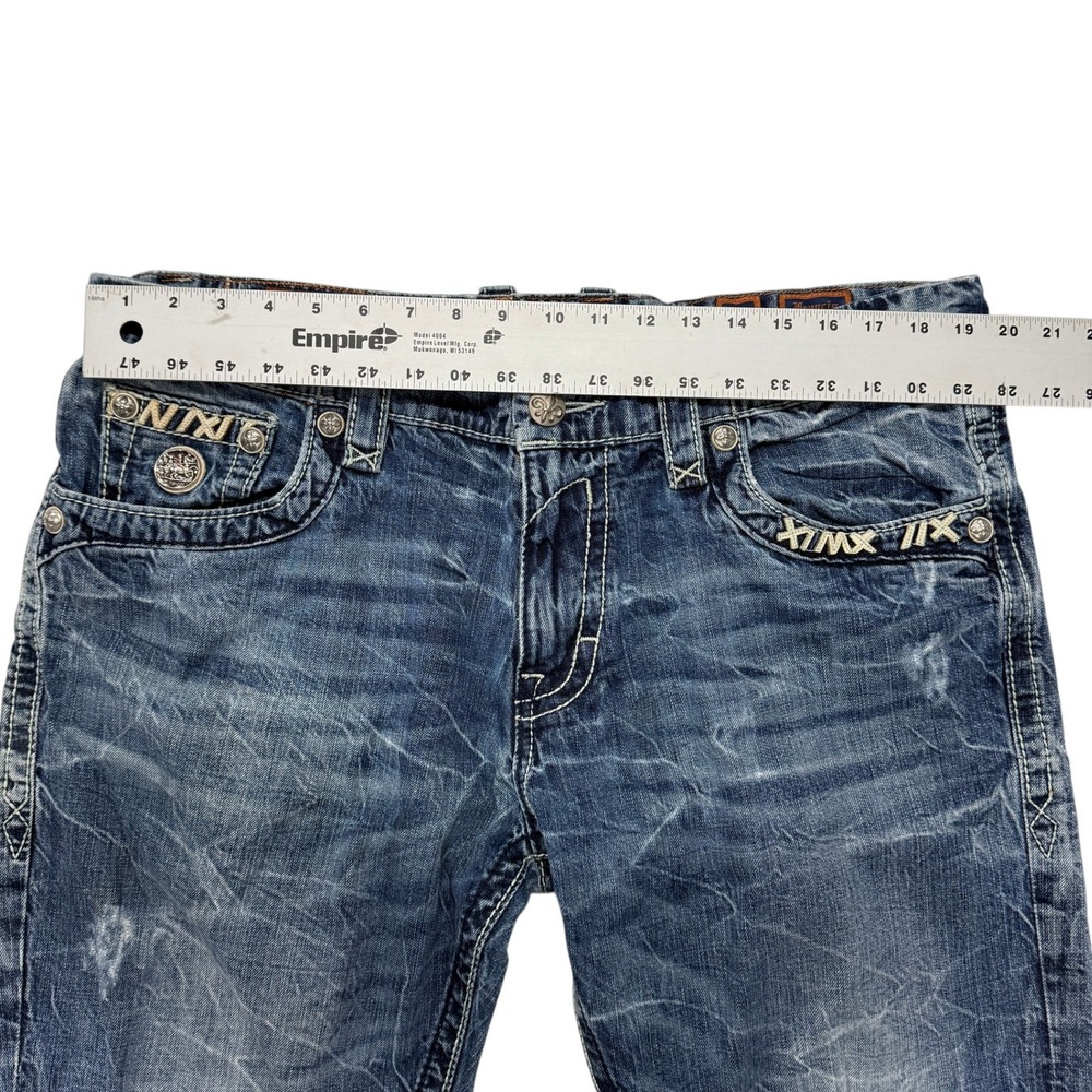 Rock Revival Francis Straight Distressed Blue Jeans Men 38 x 33 Embroidered Y2K - Picture 6 of 16